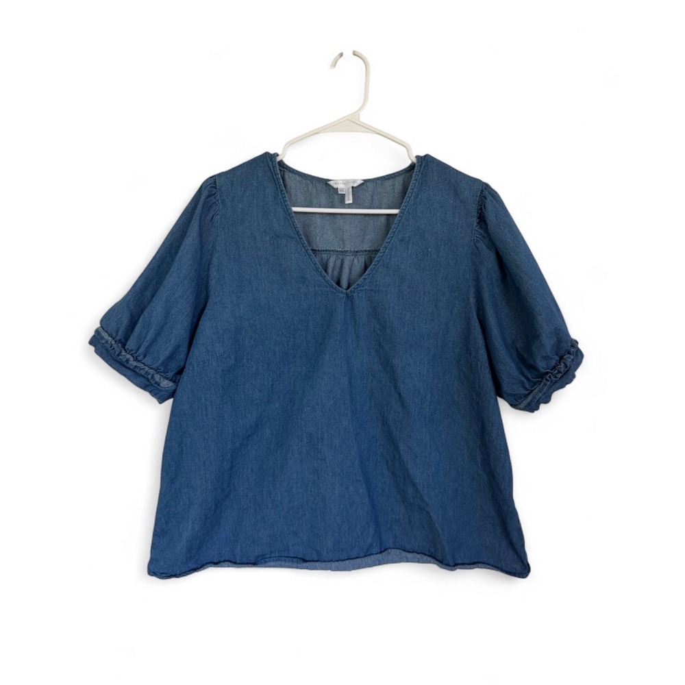 Draper James Denim Puff Sleeve Blouse V-Neck Chambray Top Blue XL